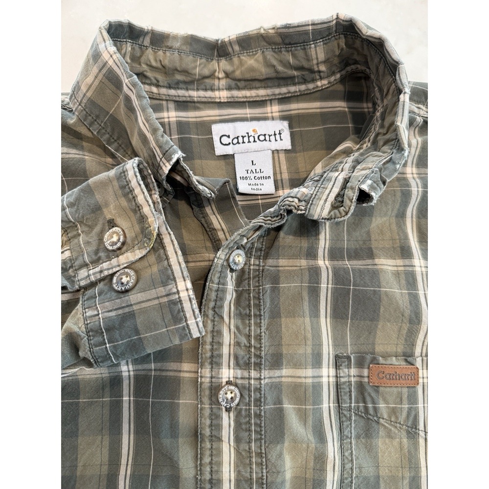 Carhartt Mens Long Sleeve Green Plaid Button Down Shirt Size Large TALL Workwear